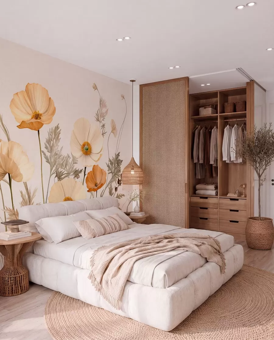 murales de pared Amapolas naranjas y blancas de textura vintage con tallos y hojas finas, fondo beige claro, estilo acuarela w09293