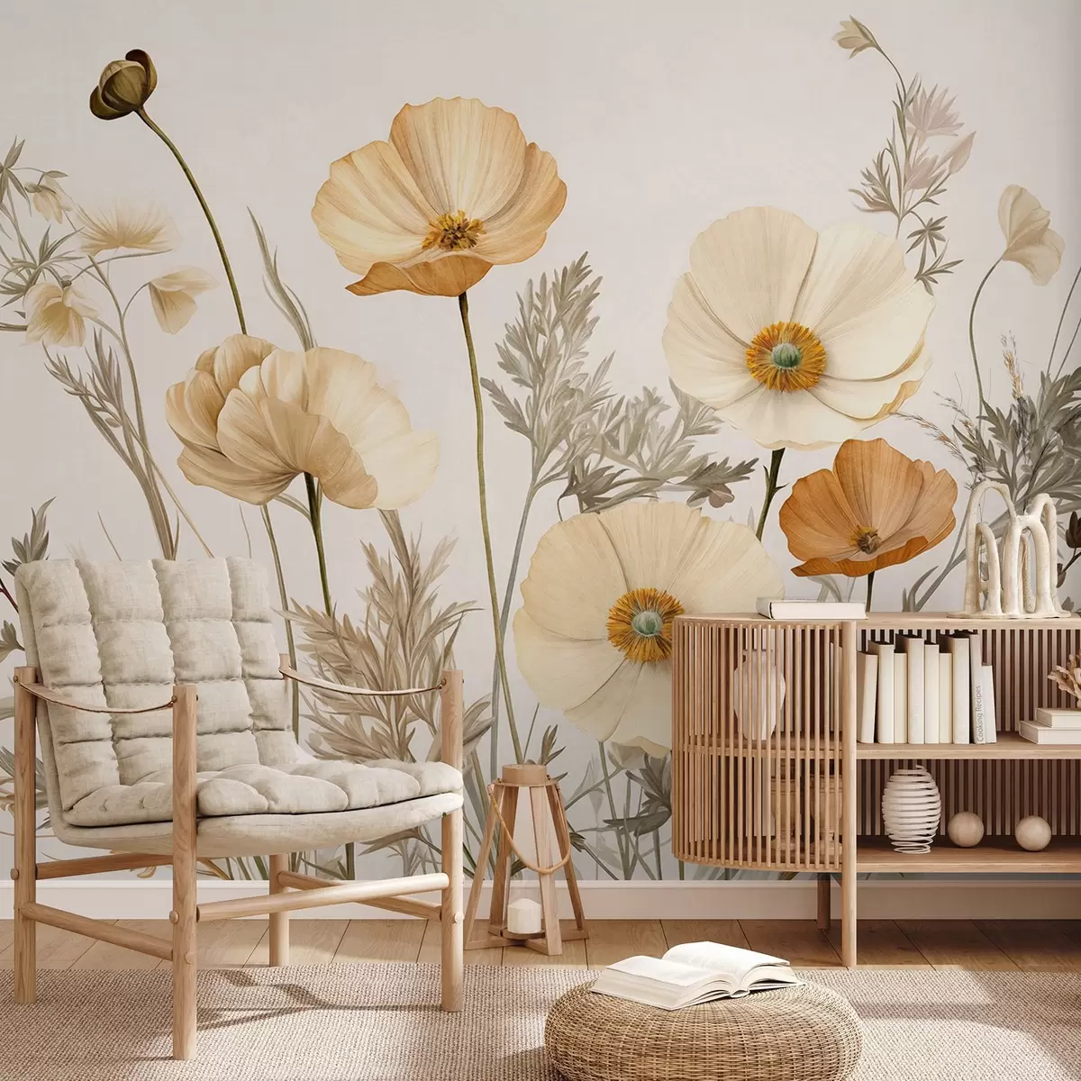 murales de pared Amapolas naranjas y blancas de textura vintage con tallos y hojas finas, fondo beige claro, estilo acuarela w09293