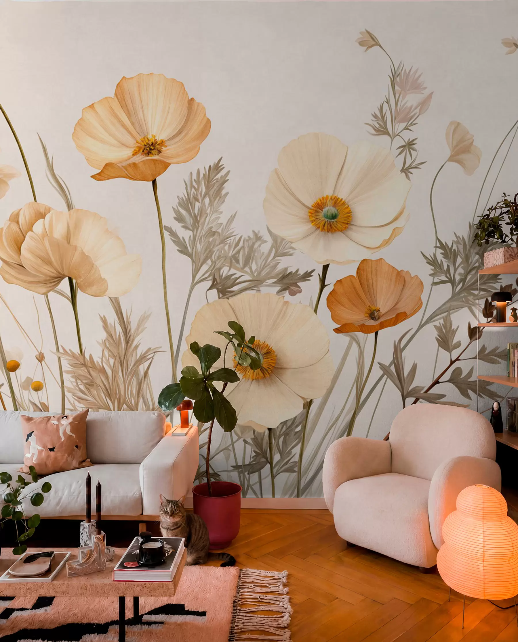 murales de pared Amapolas naranjas y blancas de textura vintage con tallos y hojas finas, fondo beige claro, estilo acuarela w09293