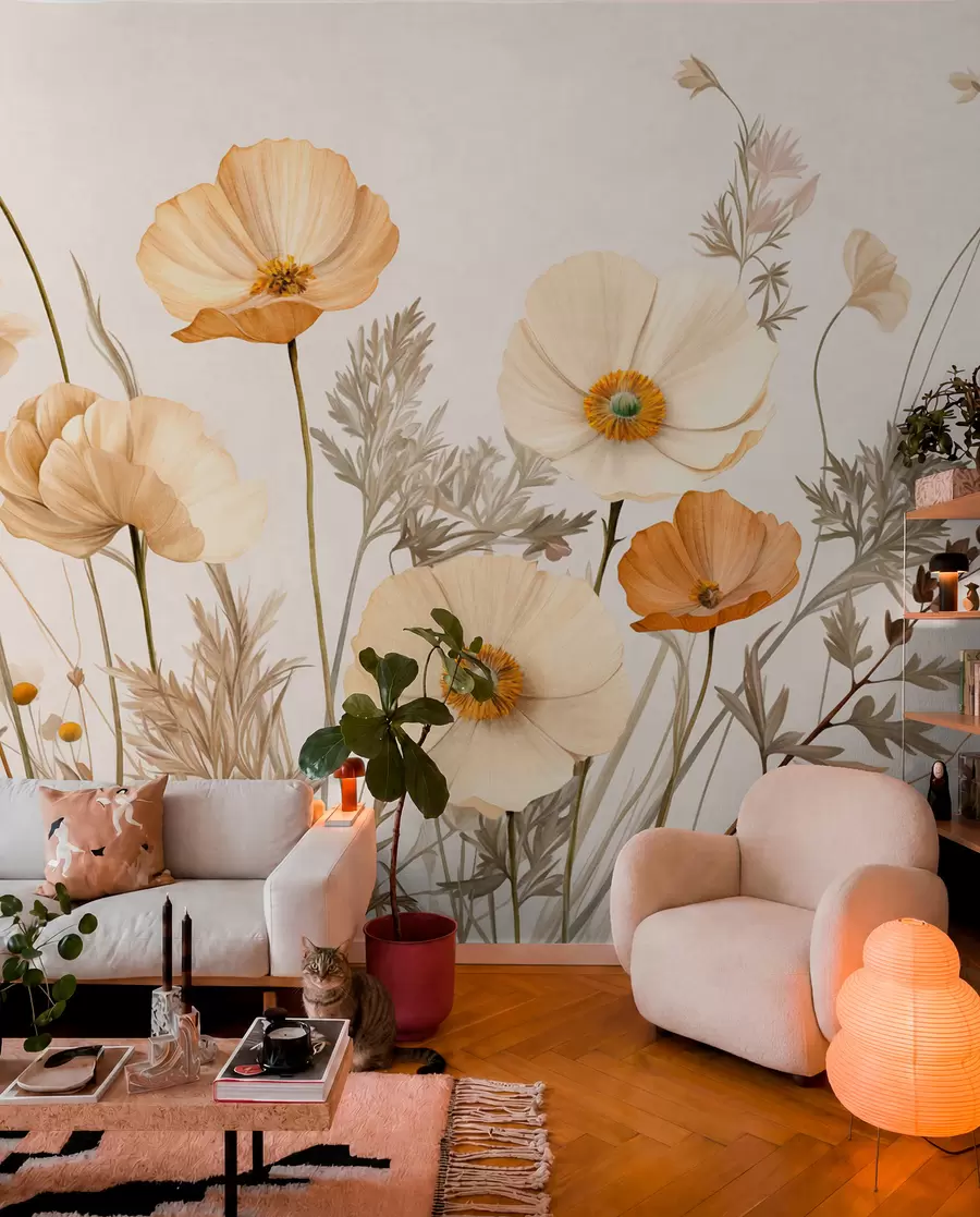 murales de pared Amapolas naranjas y blancas de textura vintage con tallos y hojas finas, fondo beige claro, estilo acuarela w09293