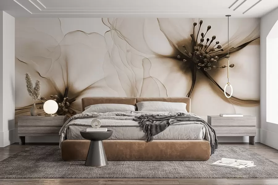 murales de pared Dos flores marrones de textura translúcida con estambres visibles, pétalos delicados superpuestos y una textura suave y fluida w09295