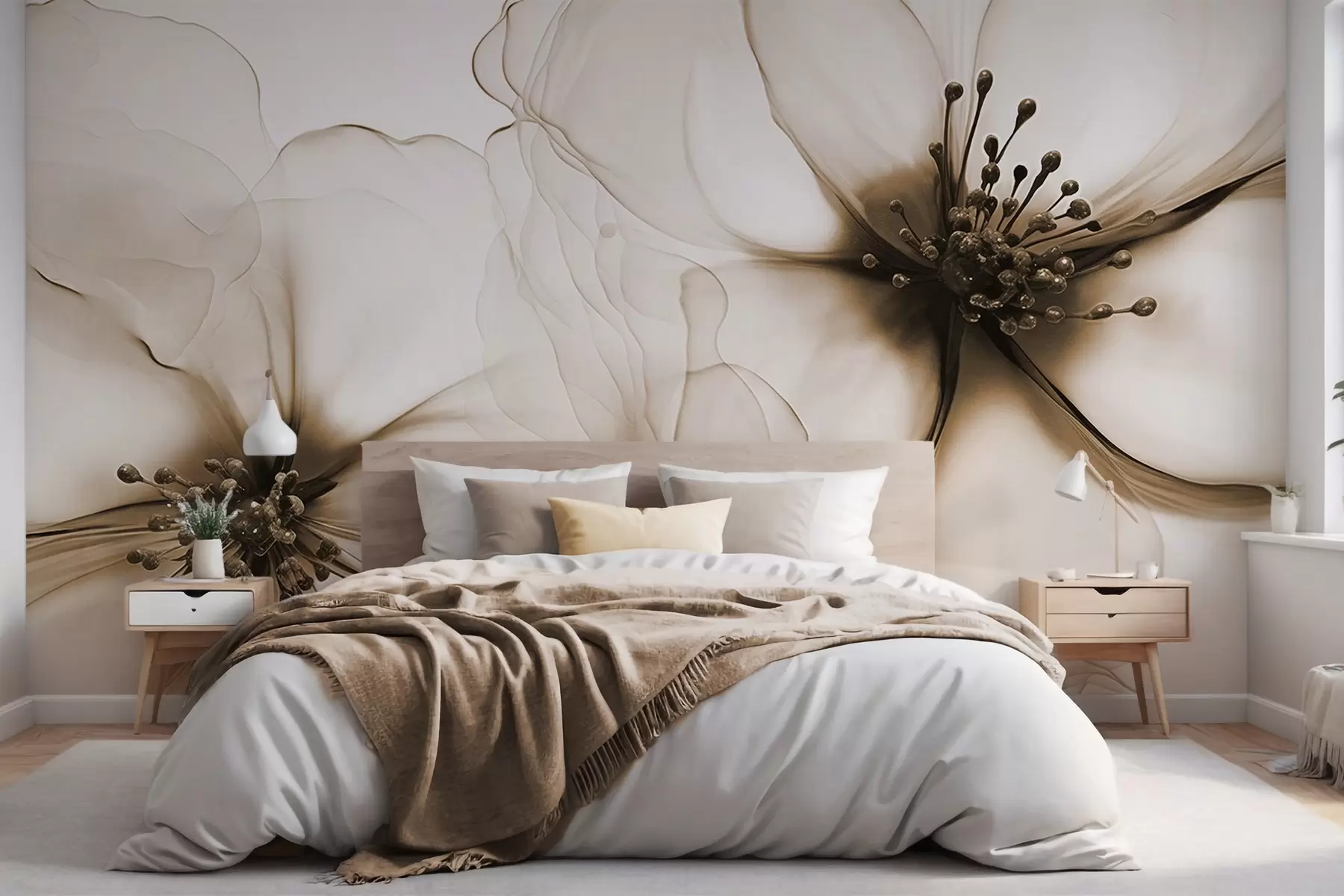 murales de pared Dos flores marrones de textura translúcida con estambres visibles, pétalos delicados superpuestos y una textura suave y fluida w09295