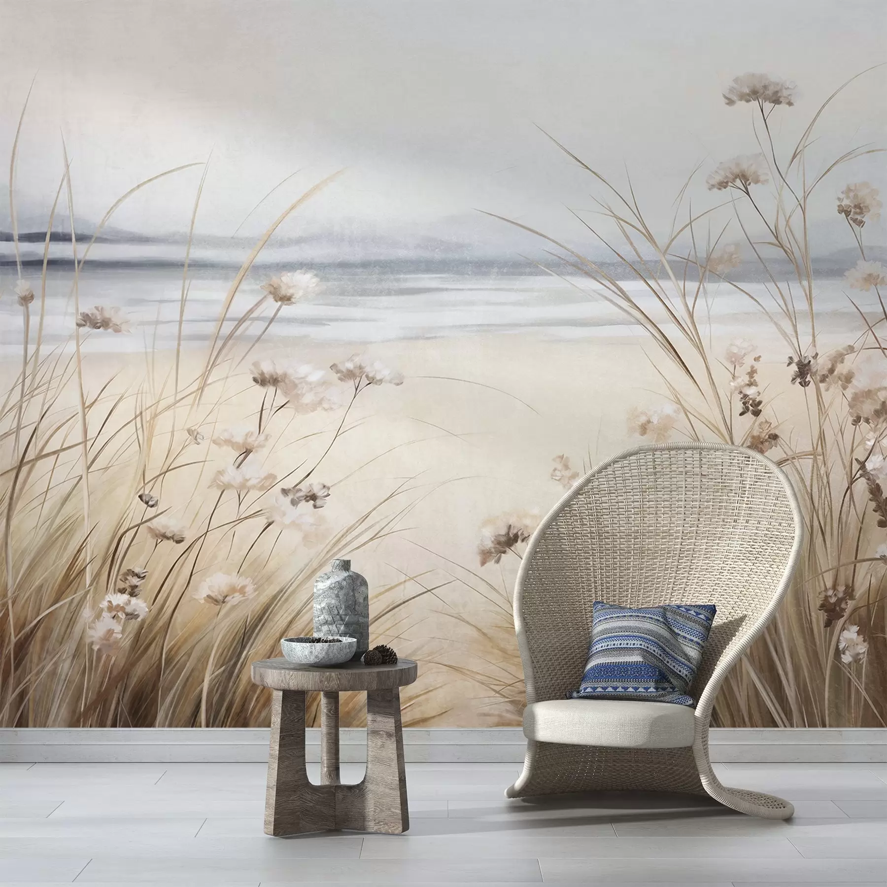 murales de pared Un campo de trigo con flores blancas en primer plano, una playa y el océano al fondo, colores pastel neutros apagados w09298