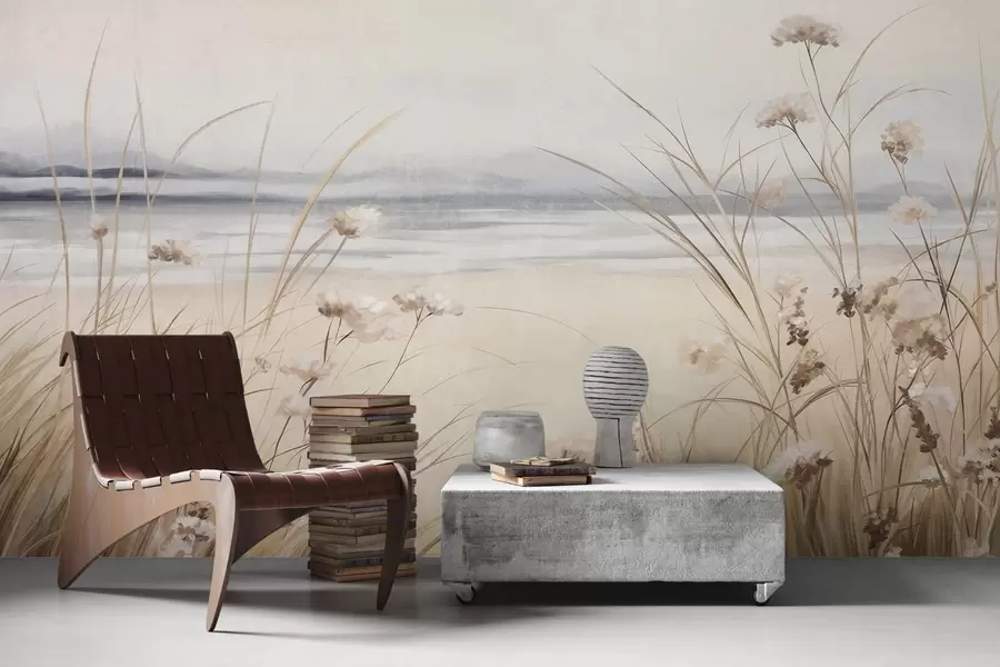 murales de pared Un campo de trigo con flores blancas en primer plano, una playa y el océano al fondo, colores pastel neutros apagados w09298