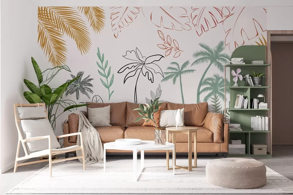 murales de pared Hojas tropicales en estilo gráfico w04332