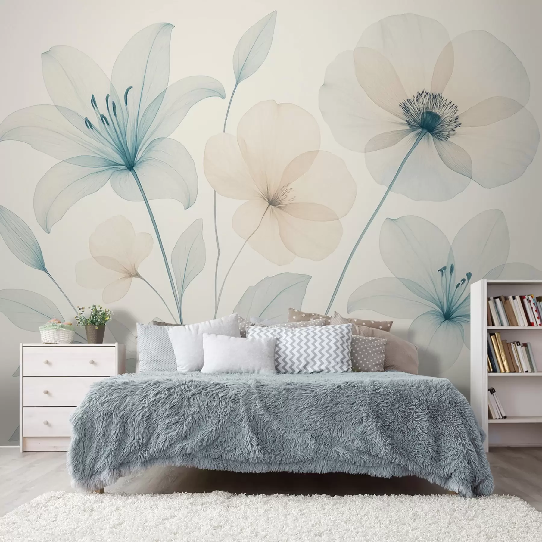 murales de pared Delicadas flores en estilo acuarela azul pastel y crema w09287