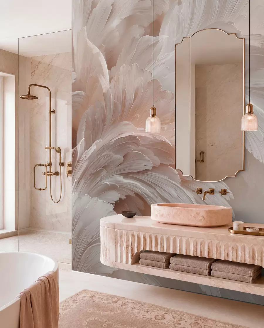 murales de pared Aireadas plumas y pétalos en tonos rosa crema w09301
