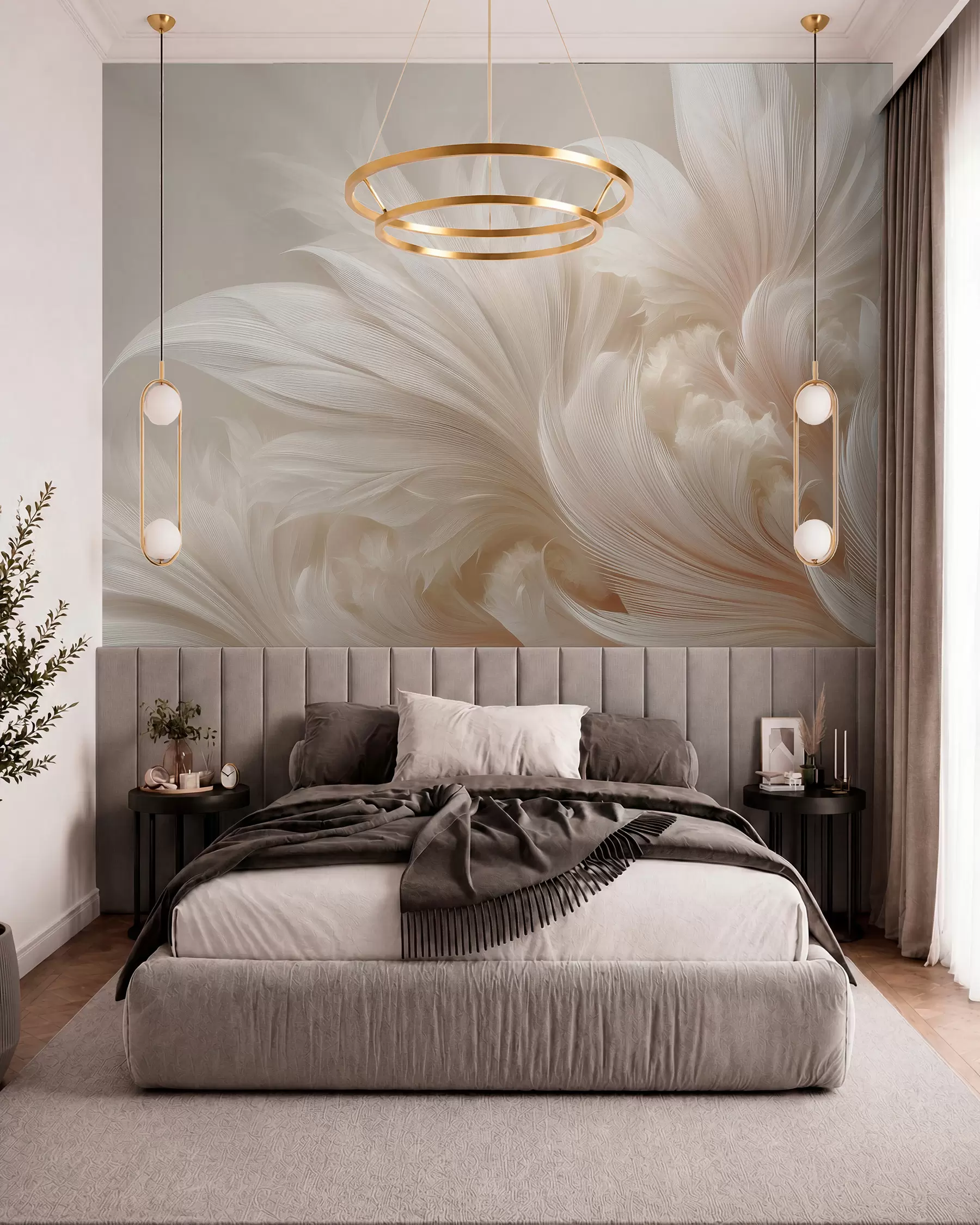 murales de pared Plumas ingrávidas en tonos crema vainilla w09302