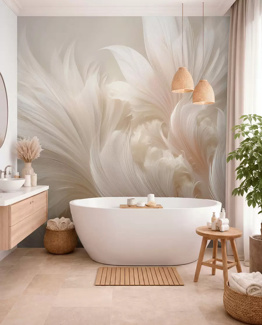 murales de pared Plumas ingrávidas en tonos crema vainilla w09302