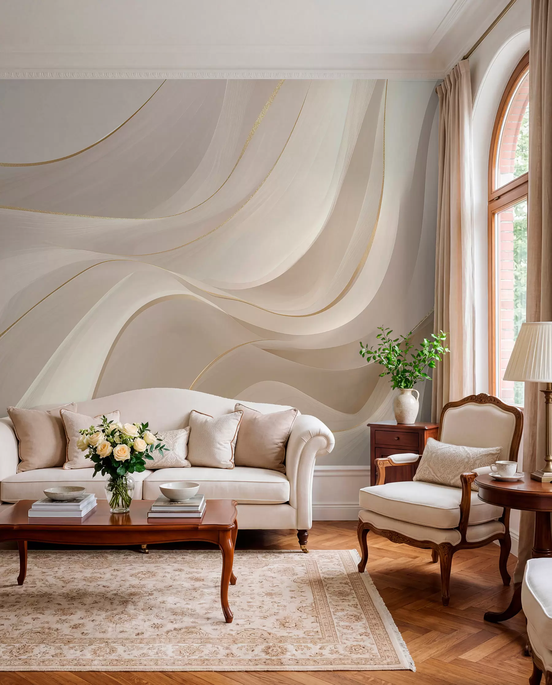 murales de pared Ondas fluidas con toques amarillos en luz cremosa w09303