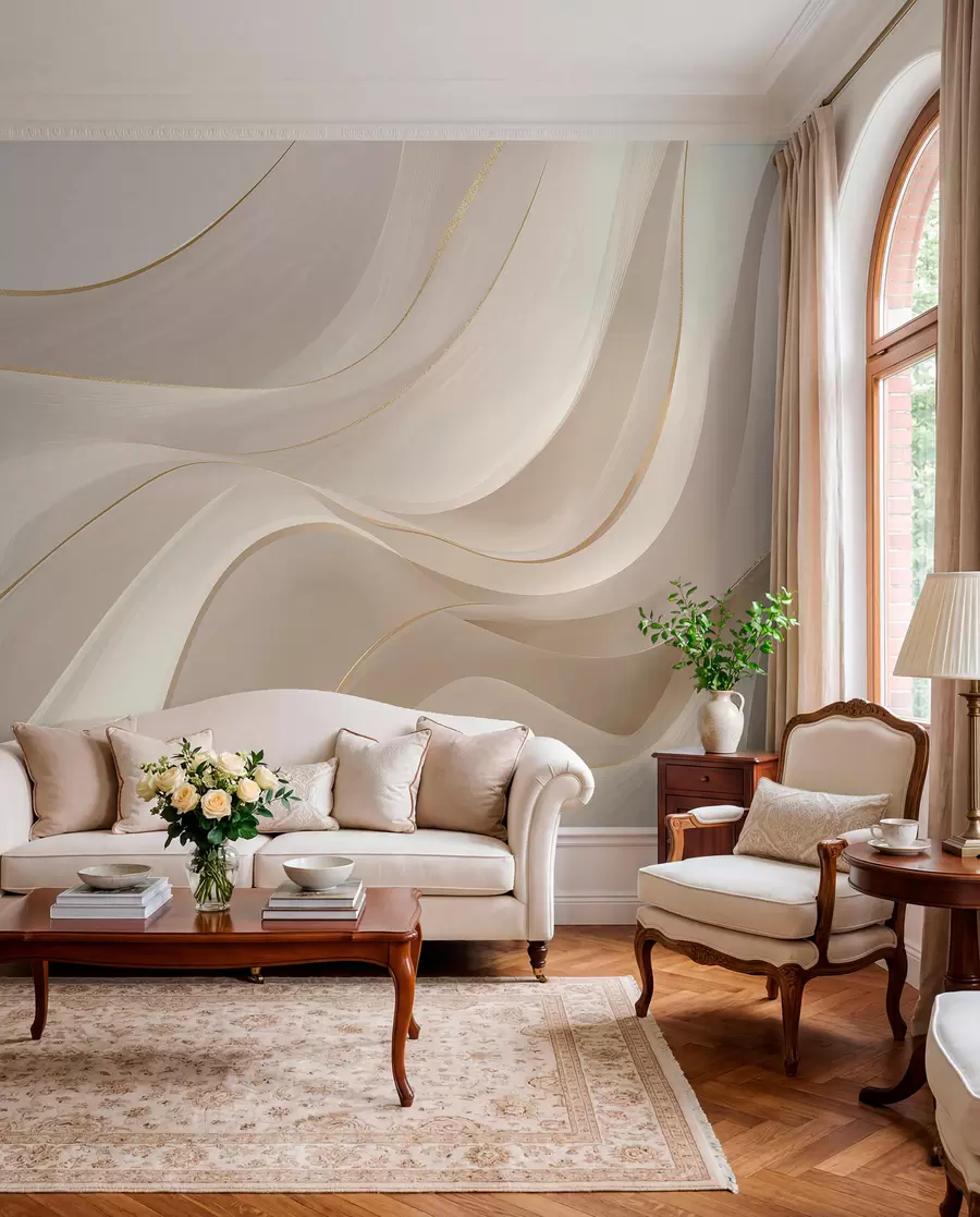 murales de pared Ondas fluidas con toques amarillos en luz cremosa w09303