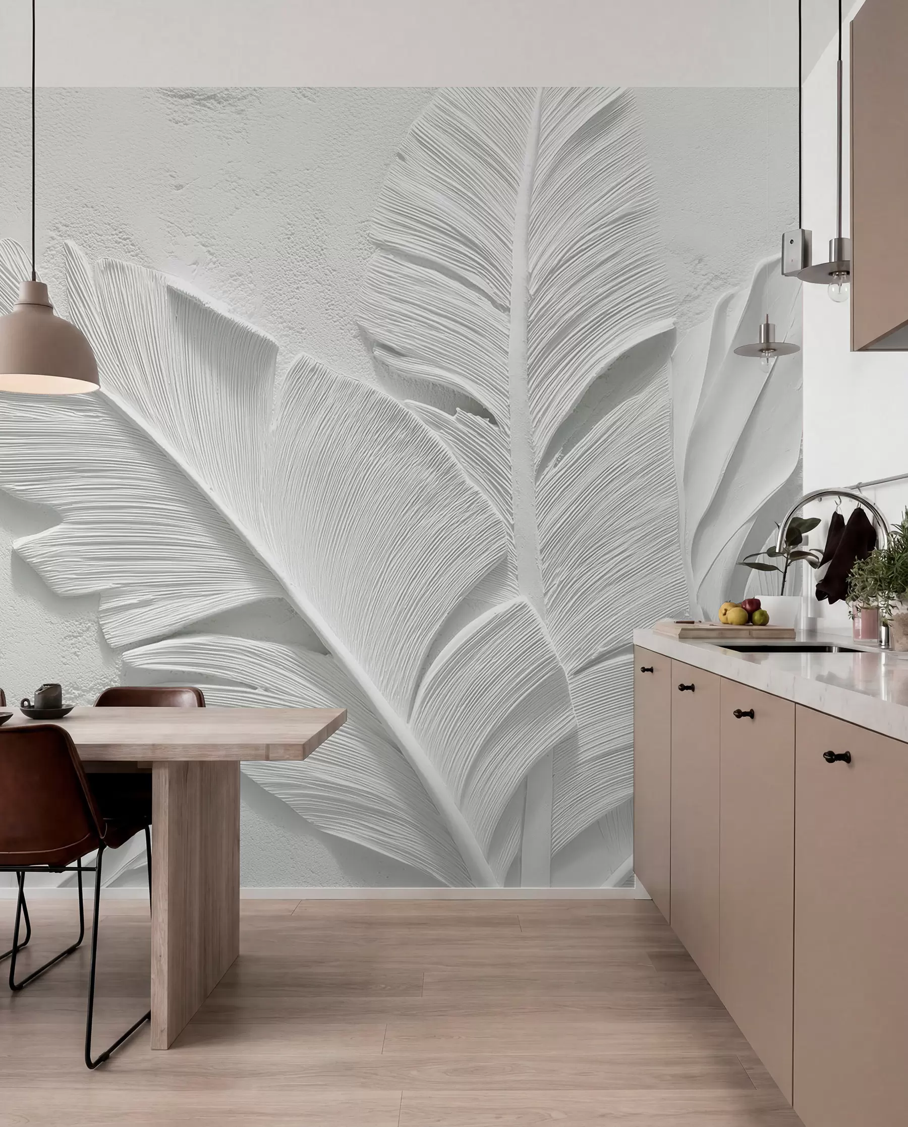 murales de pared Hojas grises texturizadas sobre un fondo con relieve de yeso falso w09307