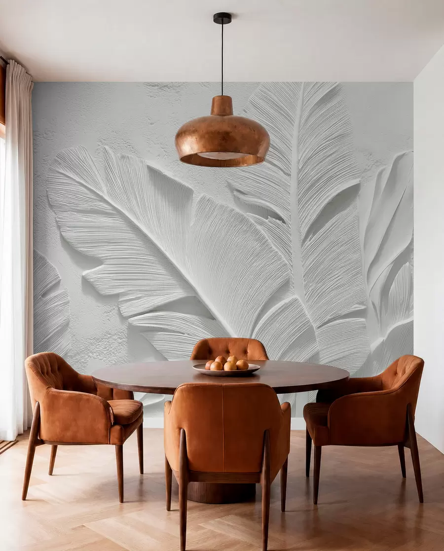 murales de pared Hojas grises texturizadas sobre un fondo con relieve de yeso falso w09307