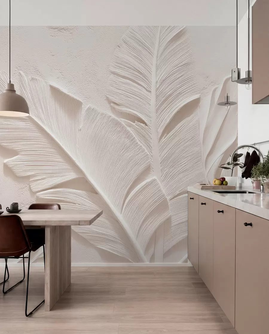 murales de pared Hojas en relieve en cálidos tonos beige-arena w09307v1