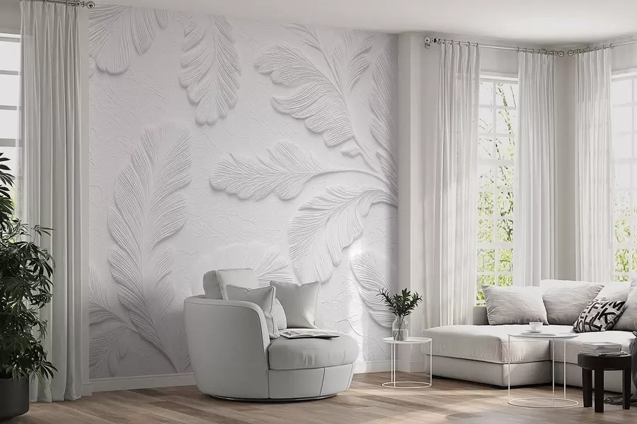 murales de pared Hojas en relieve de color gris con efecto de textura agrietada w09309v1