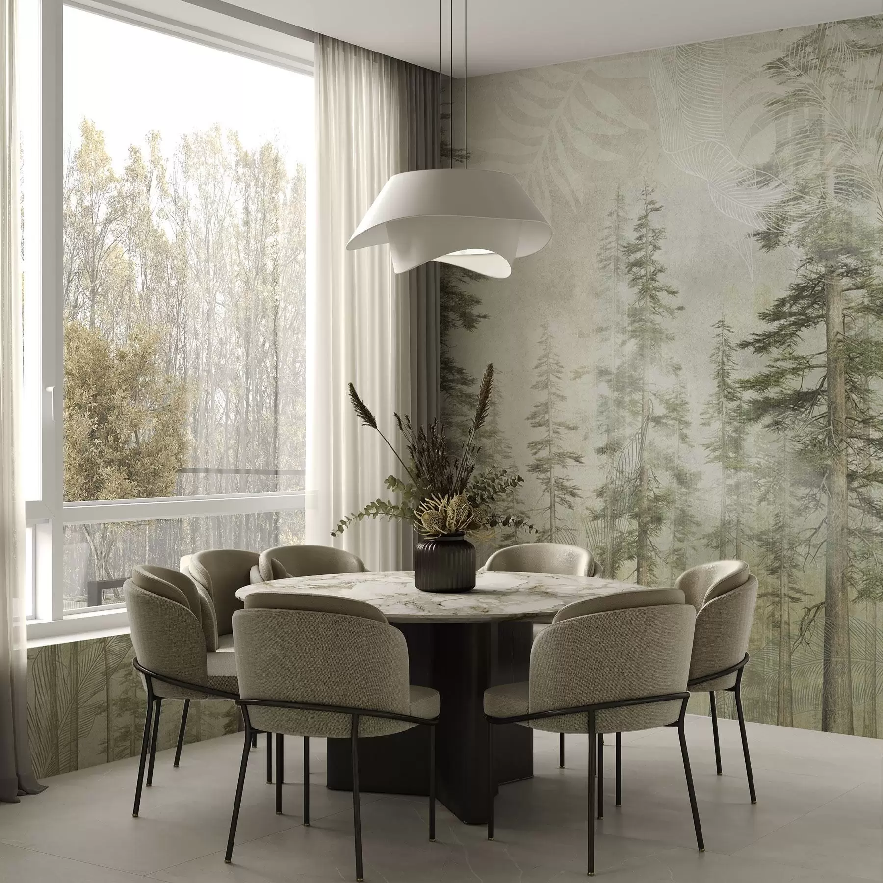 murales de pared Bosque de pinos con textura de papel vintage y finos motivos w04342
