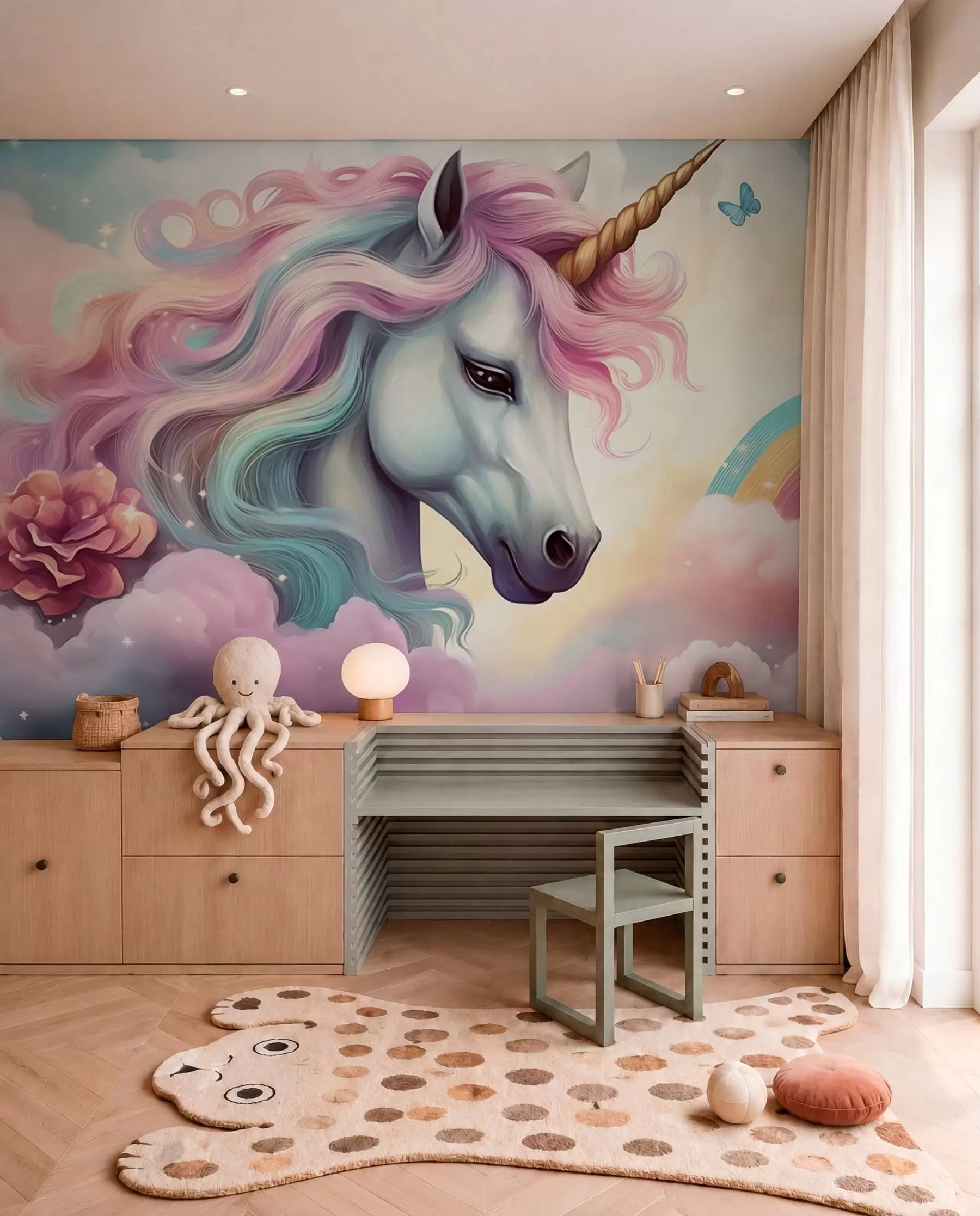 murales de pared Unicornio de crin arcoíris w04372