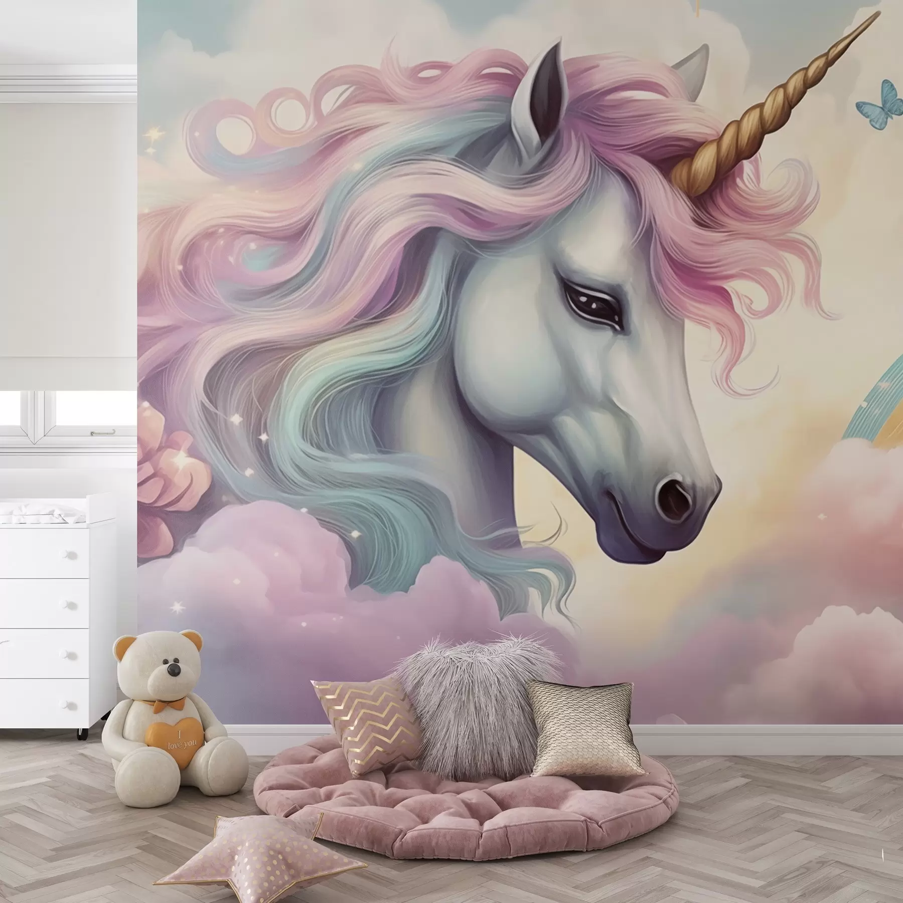 murales de pared Unicornio en un cielo nublado con arco iris w04372