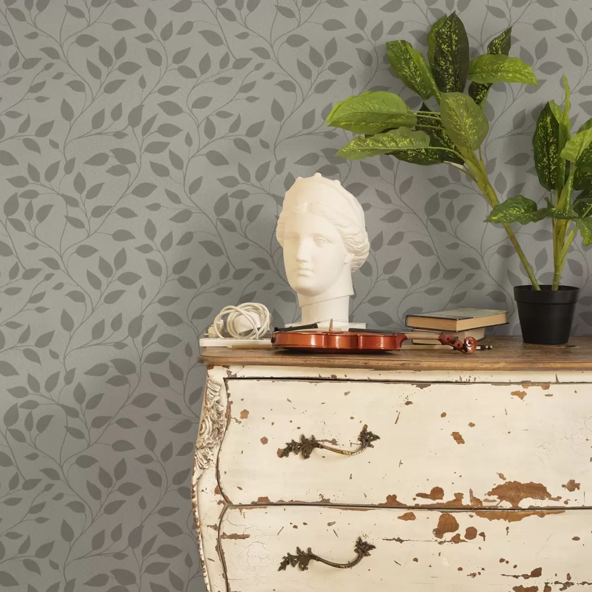 Papel pintado Enredaderas monocromas sobre un lienzo de textura fina a00386