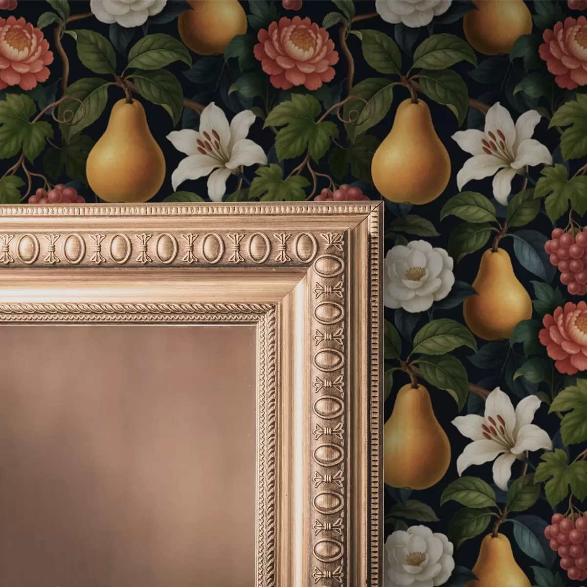 Papel pintado Frutas y flores barrocas sobre un dramático fondo oscuro a00387