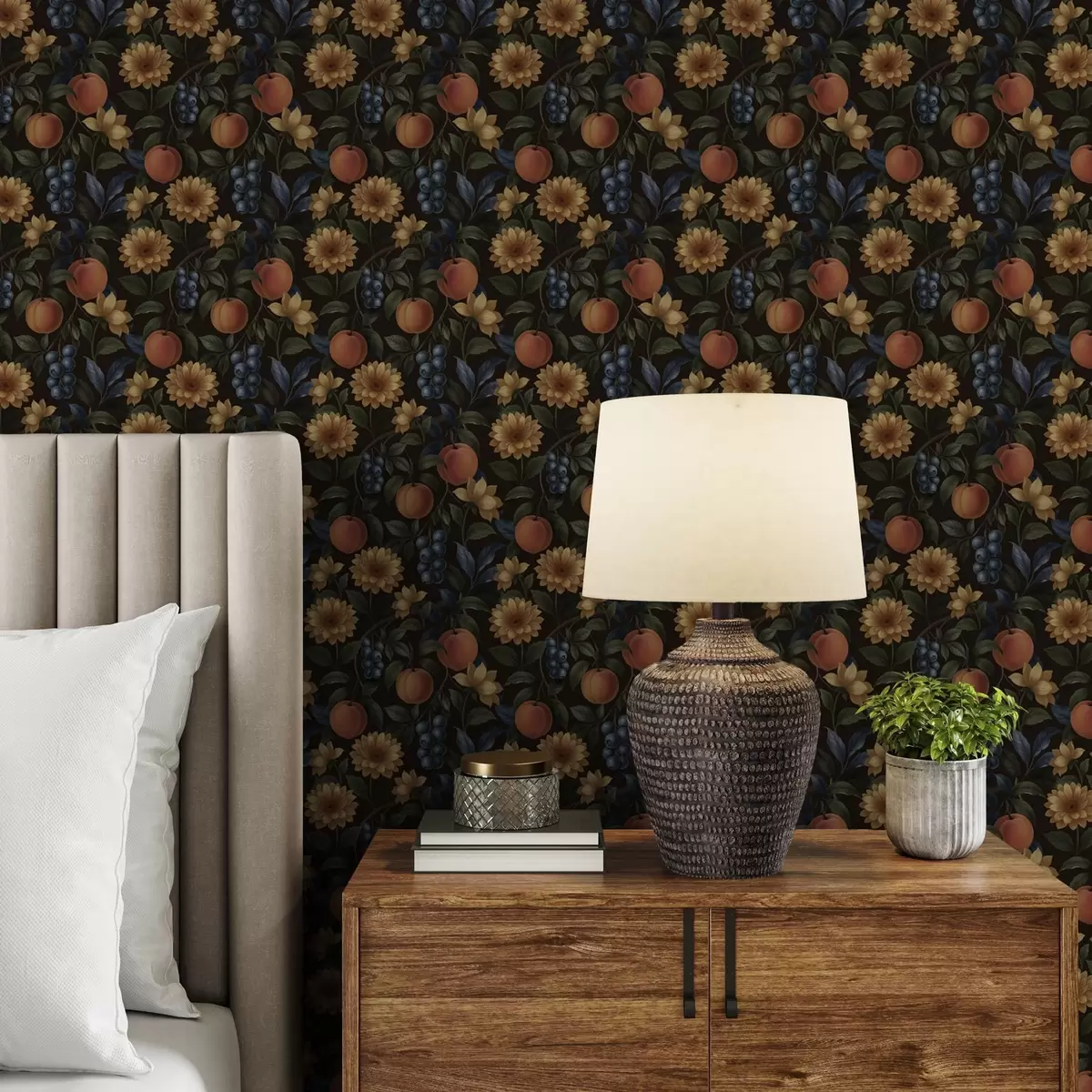 Papel pintado Frutas y flores doradas sobre fondo botánico oscuro a00395