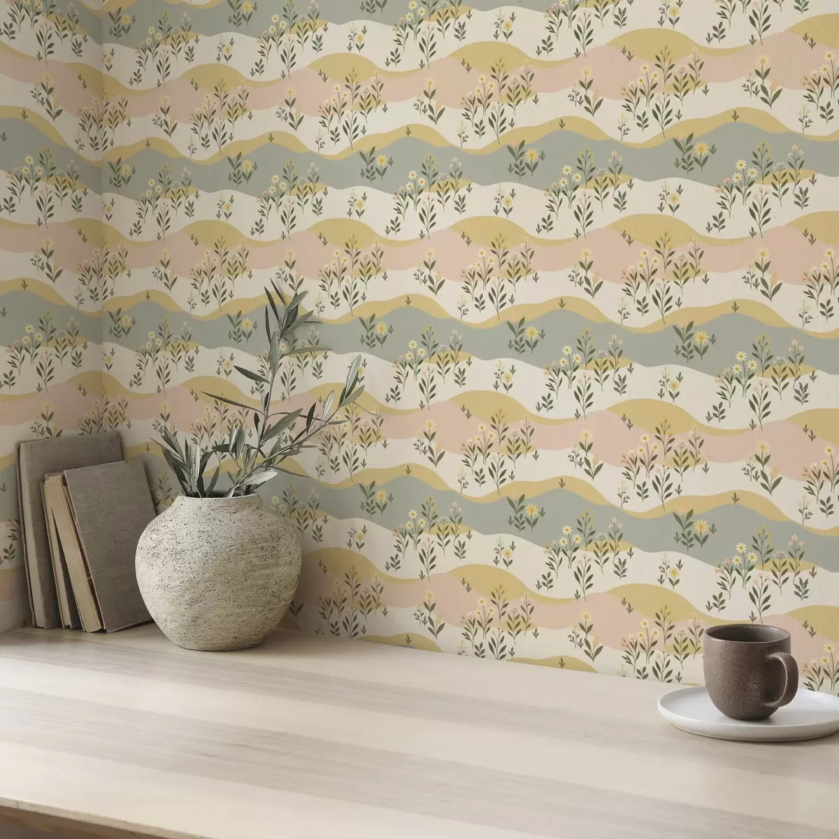Papel pintado Flores de prado onduladas en estilo minimalista pastel a00396