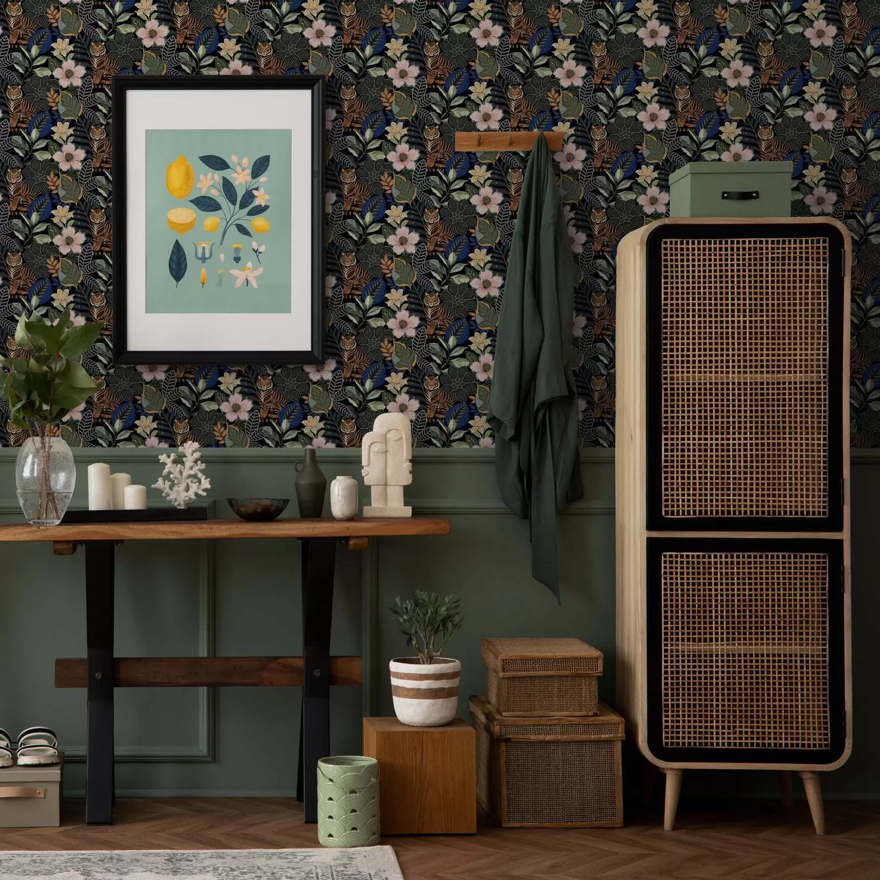 murales de pared Tigres entre brillantes flores y hojas tropicales a00426