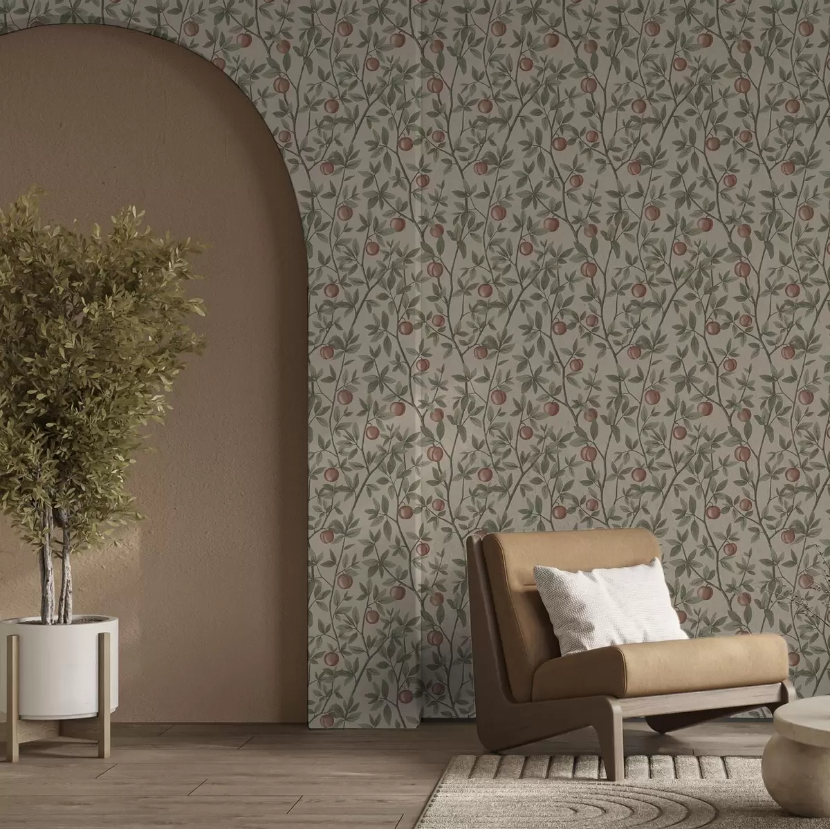 Papel pintado Melocotones en ramas con hojas verdes sobre fondo beige a00429
