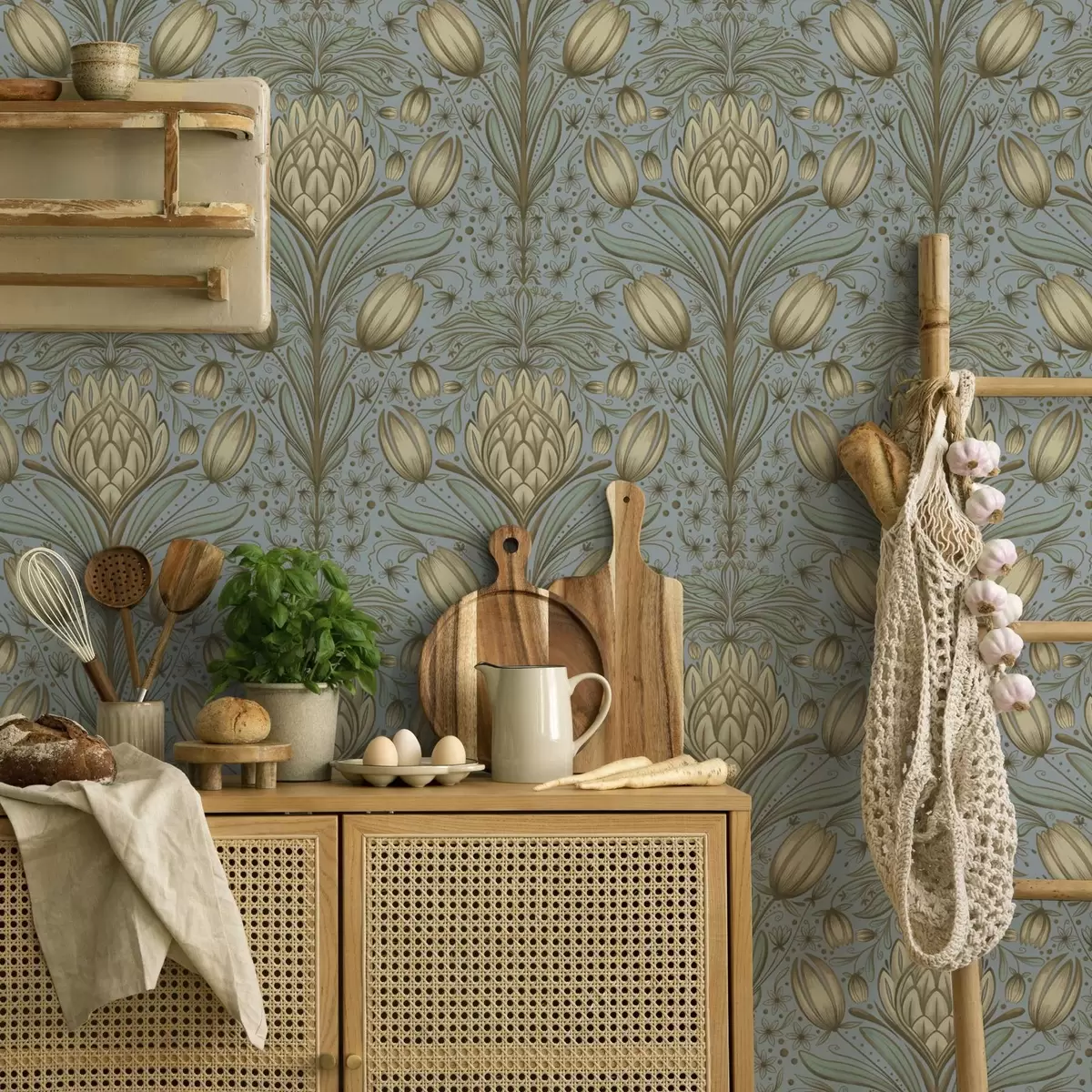 Papel pintado Estampado azul con alcachofas y tulipanes a00435