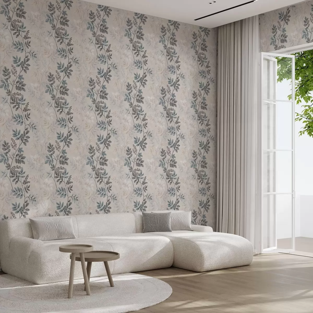 Papel pintado Ramas de bayas en tonos pastel con hojas azul grisáceo a00443
