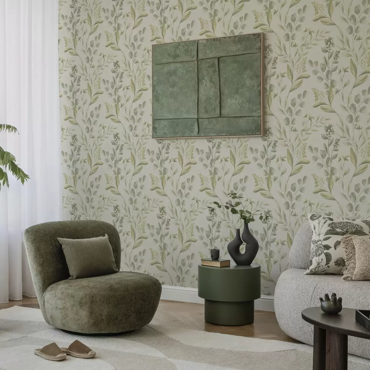 Papel pintado Eucalipto verde pálido en acuarela Eucalipto verde en acuarela con motivo botánico a00449