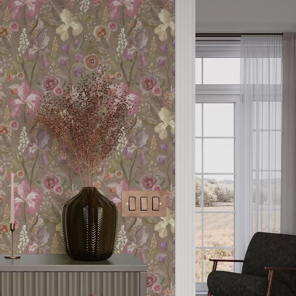 Papel pintado Vintage rosa iris patrón de flores sobre fondo beige con textura a00457