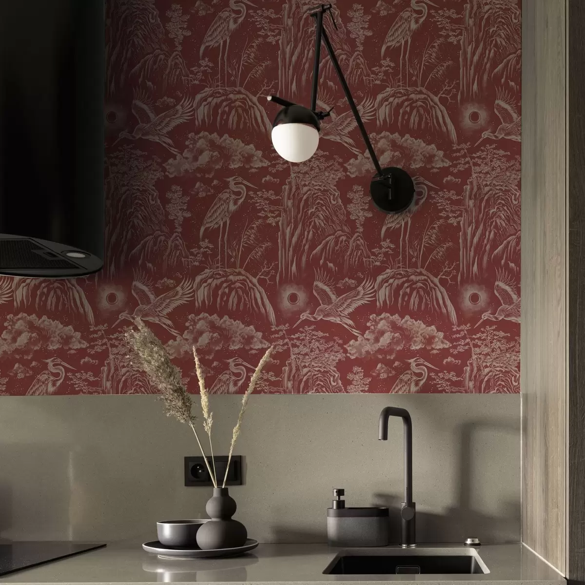 Papel pintado Garzas, montañas y nubes al estilo del grabado japonés a00458