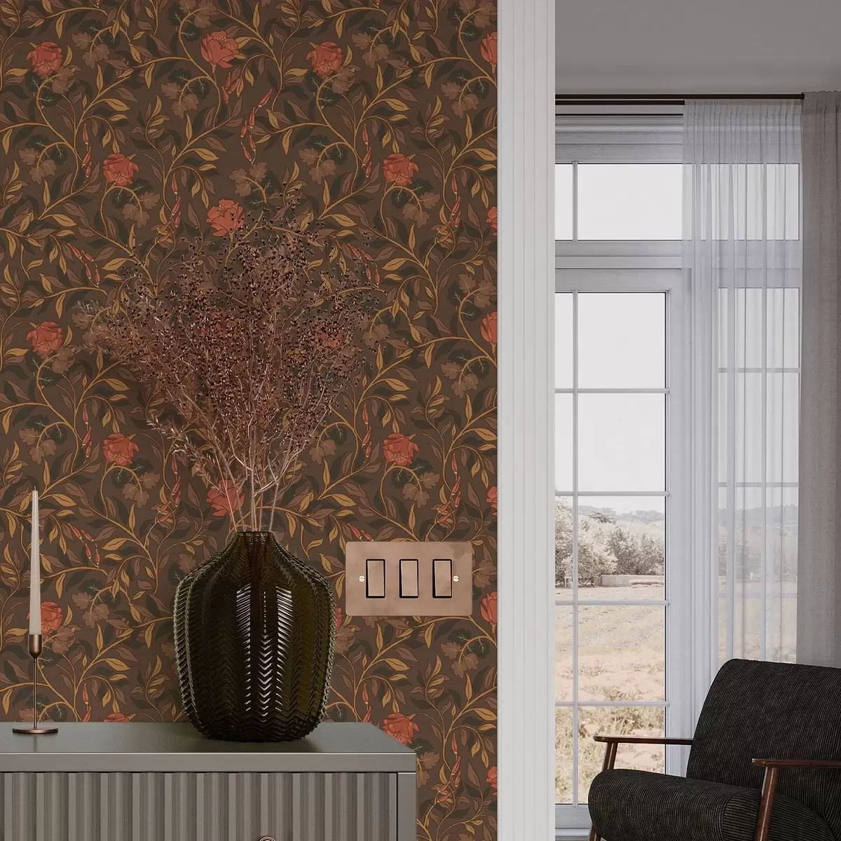 Papel pintado Ramas de terracota en flor sobre fondo marrón a00460