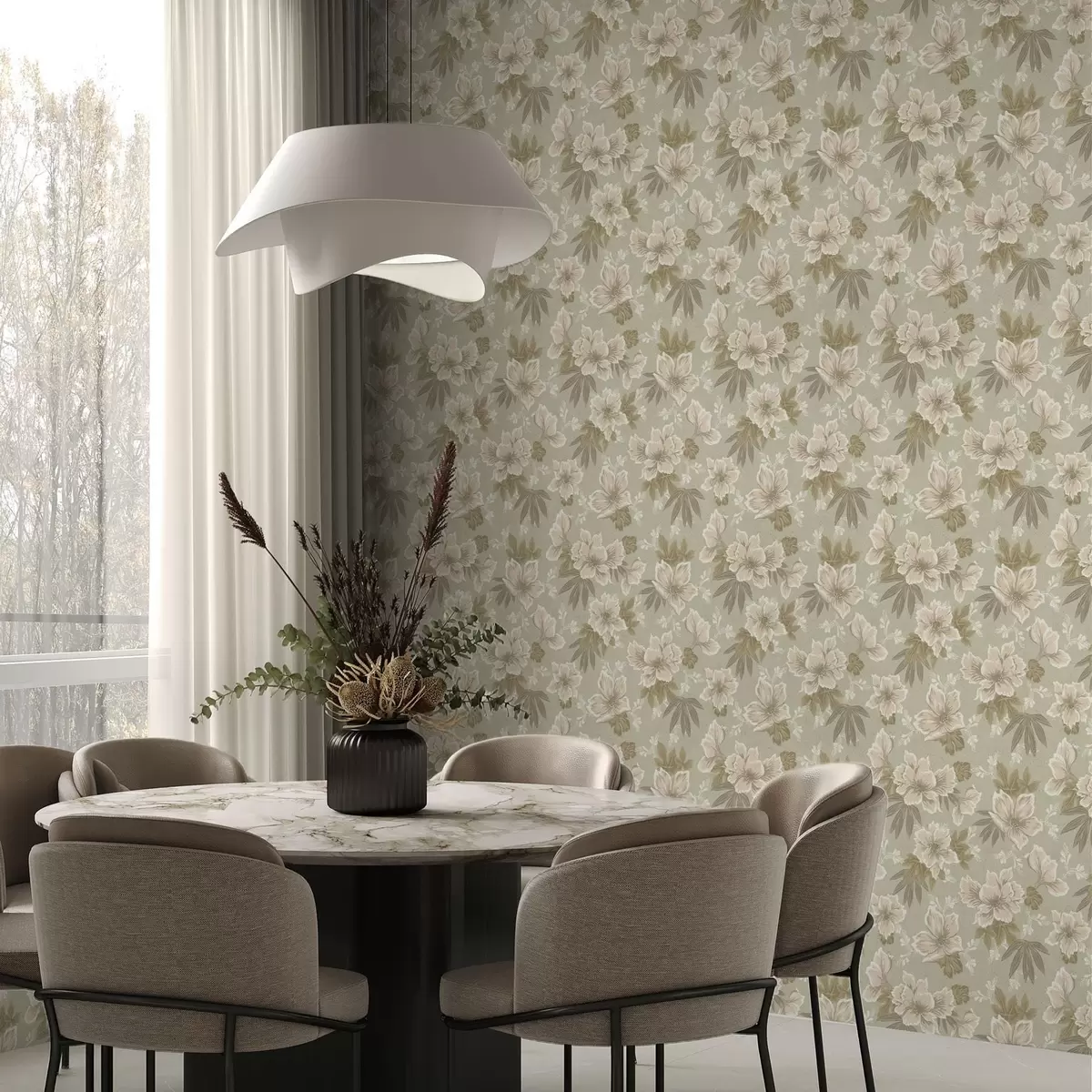 Papel pintado Flores color crema sobre fondo verde oliva a00462