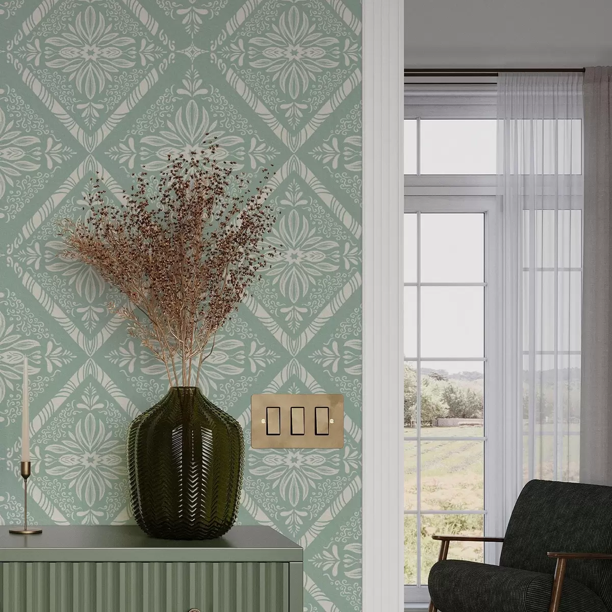 Papel pintado Motivo geométrico turquesa y beige con rizos a00466