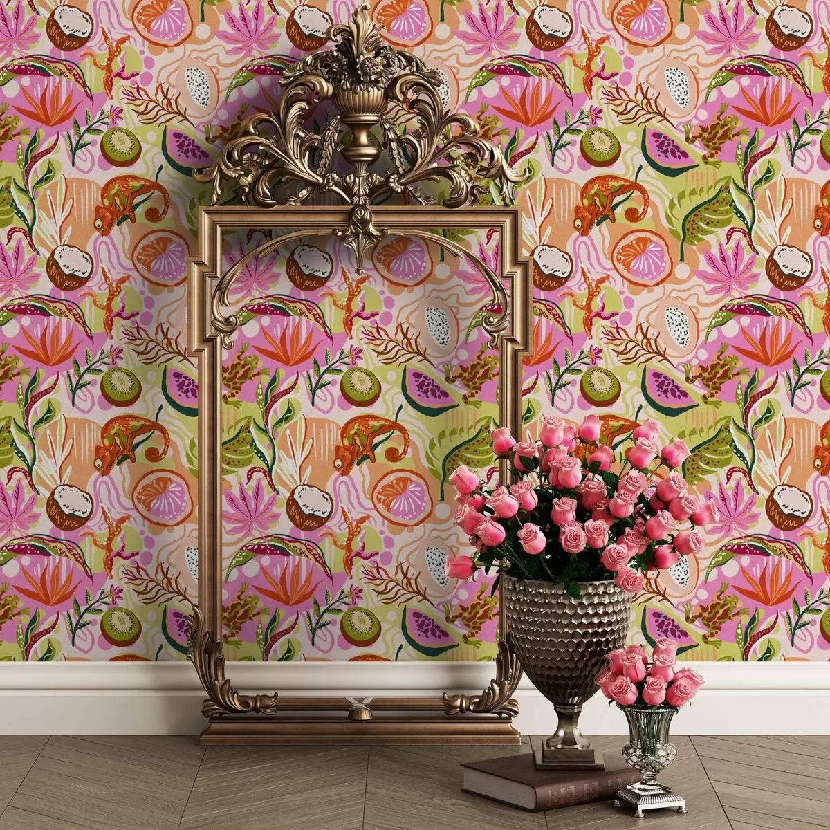 Papel pintado Frutas exóticas, hojas y camaleones de estilo tropical a00469