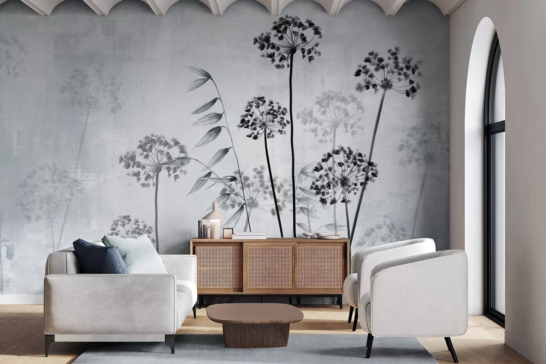 murales de pared Dibujo de flores secas con tallos largos, paleta monocroma, sobre fondo gris claro texturado, ilustración botánica w09314