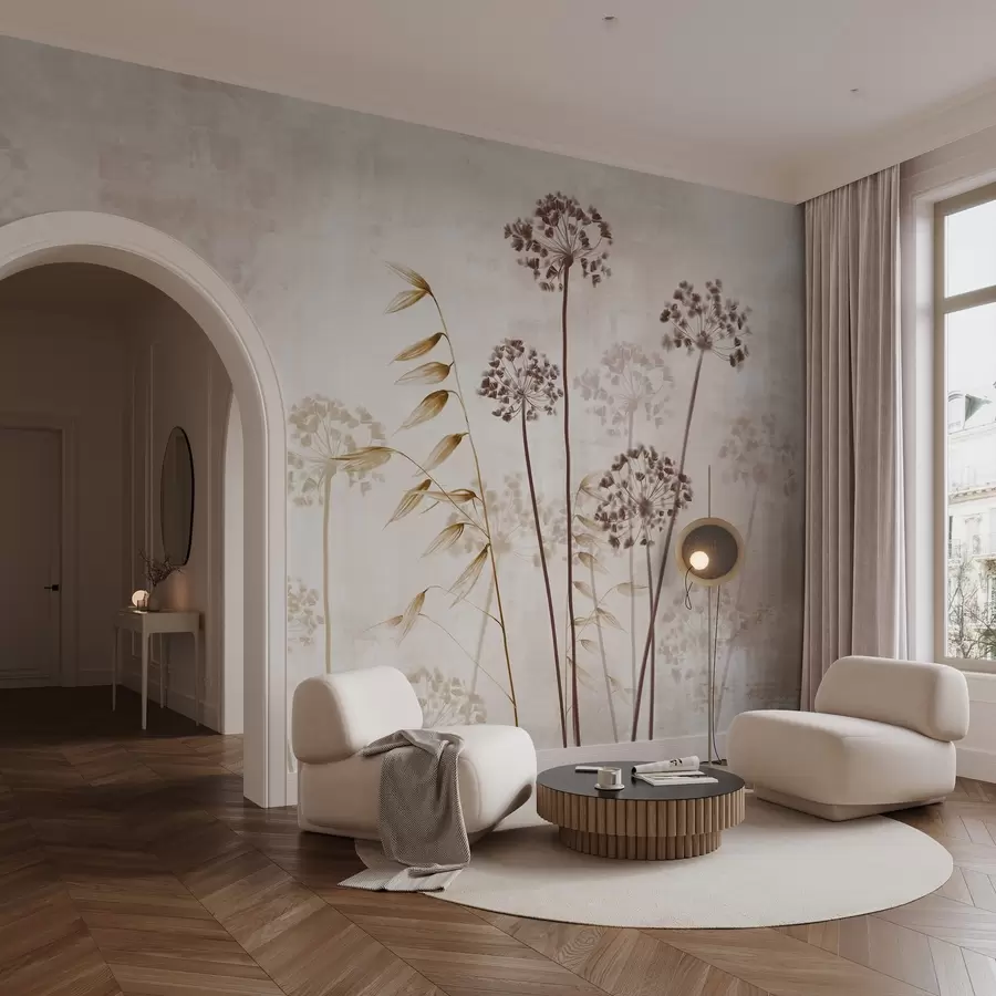 murales de pared Dibujo de flores secas con tallos largos, paleta monocroma, sobre fondo beige claro texturado, ilustración botánica w09314v1