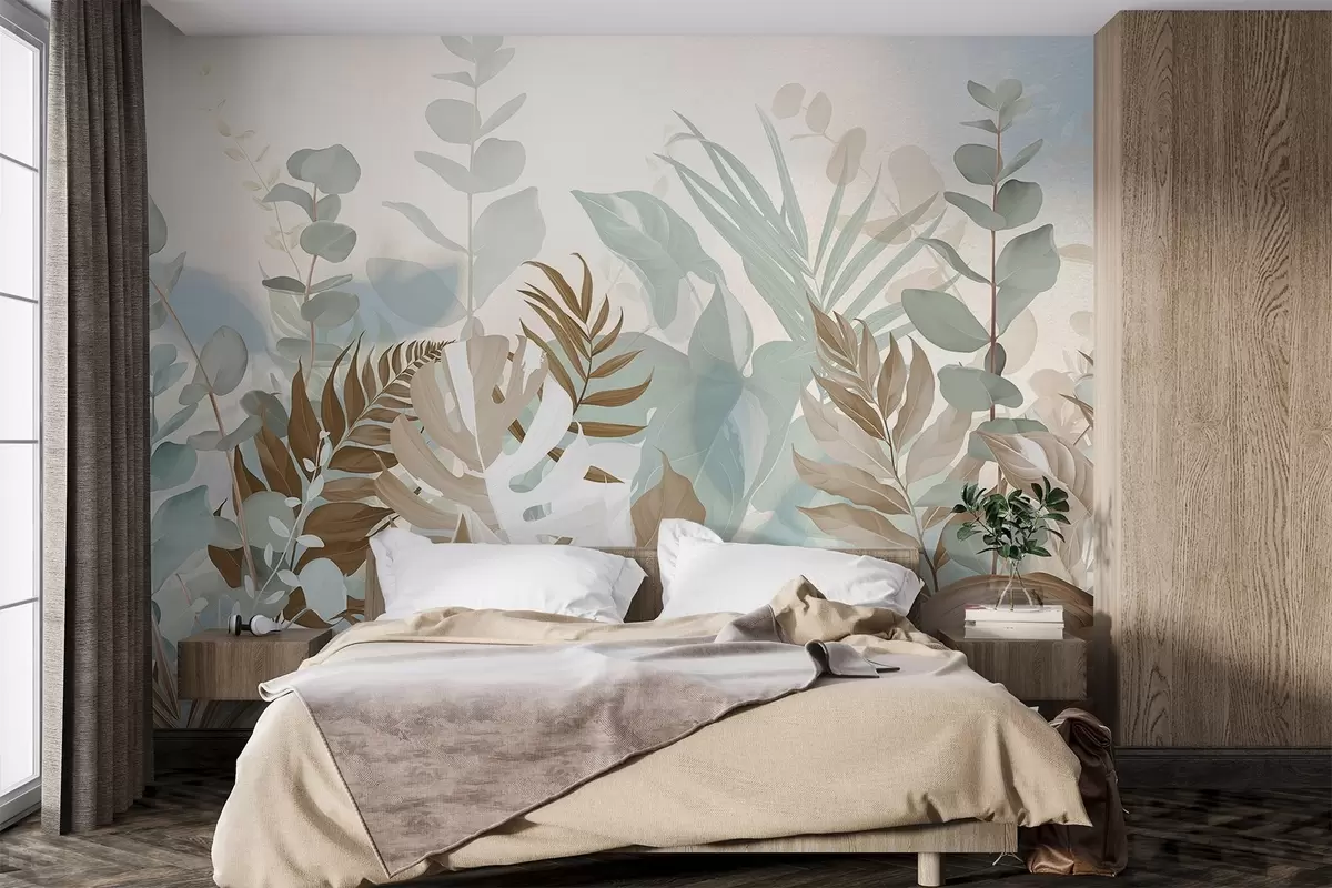 murales de pared Plantas pastel helechos, monstera y eucalipto, fondo de textura ligera, iluminación suave, tranquilo , ilustración botánica w09316v1
