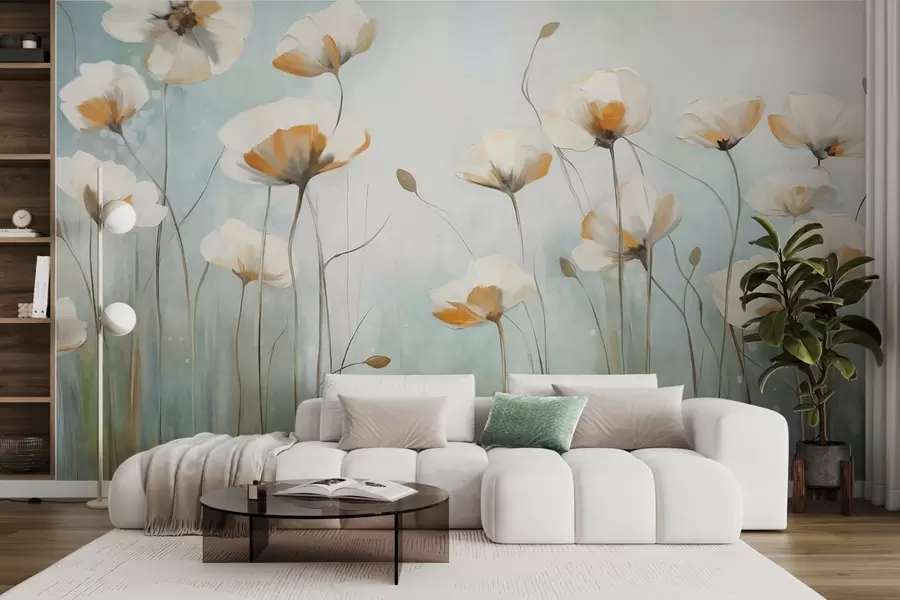 murales de pared Amapolas blancas texturizadas sobre largos tallos, fondo azul claro y verde, suaves pinceladas, delicado arreglo floral de campo w09317