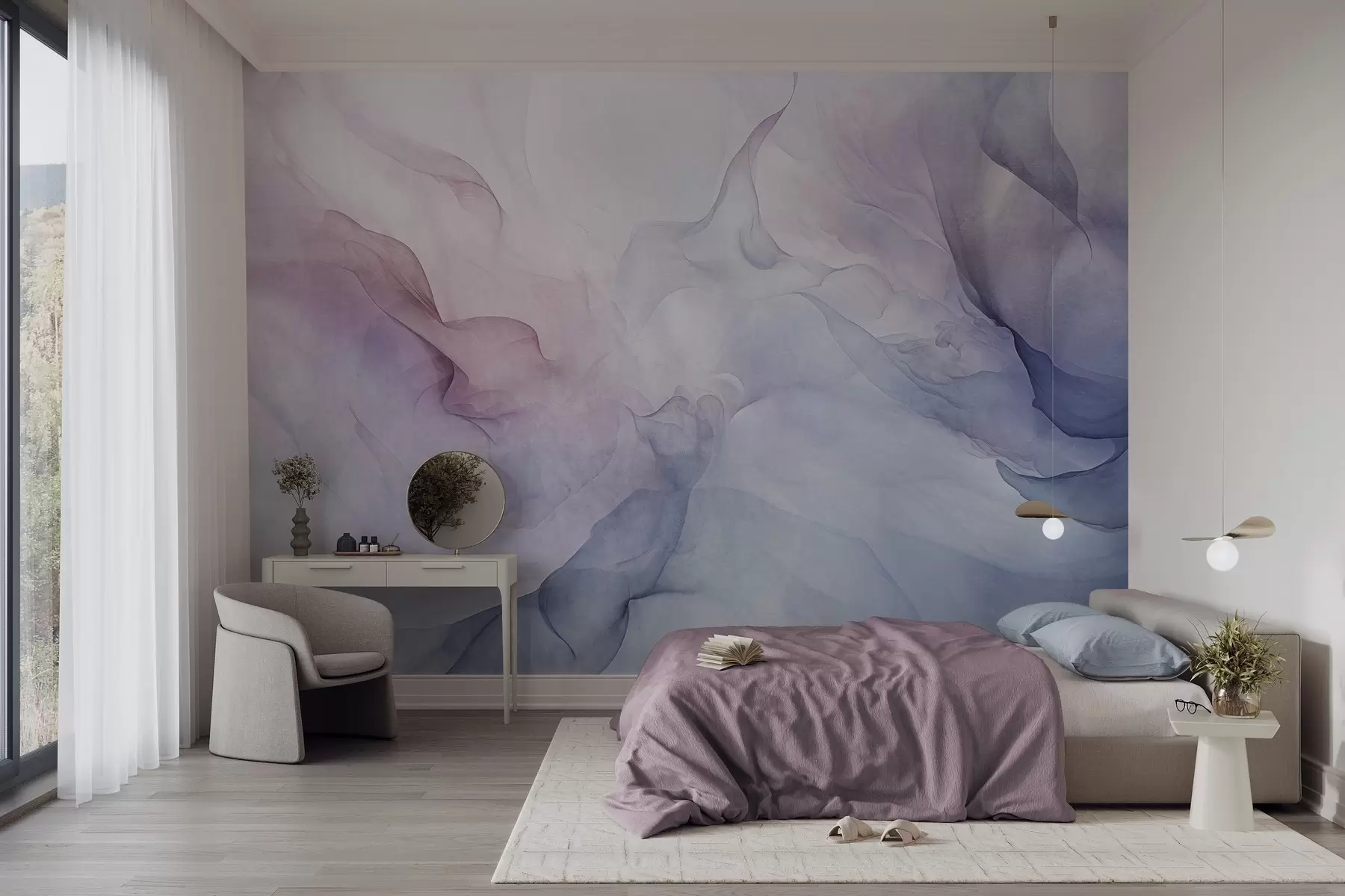 murales de pared Pintura abstracta texturizada con tonos pastel fluidos de rosa, morado y azul que crean un efecto suave w09318