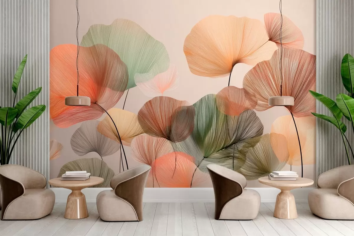 murales de pared hojas de ginkgo multicolores con venas w04305