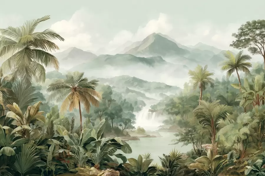 murales de pared selva tropical con cascada w04306