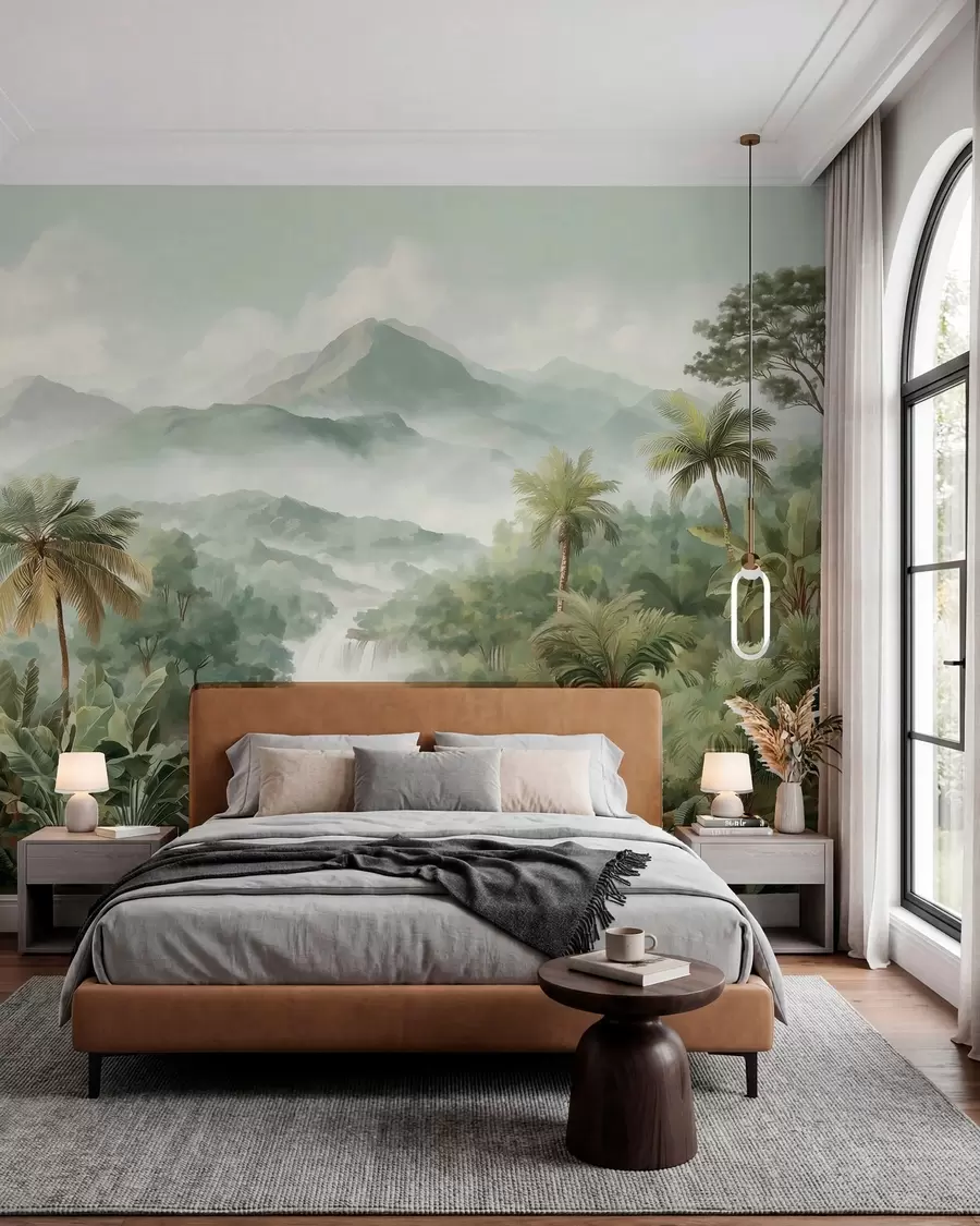 murales de pared selva tropical con cascada w04306
