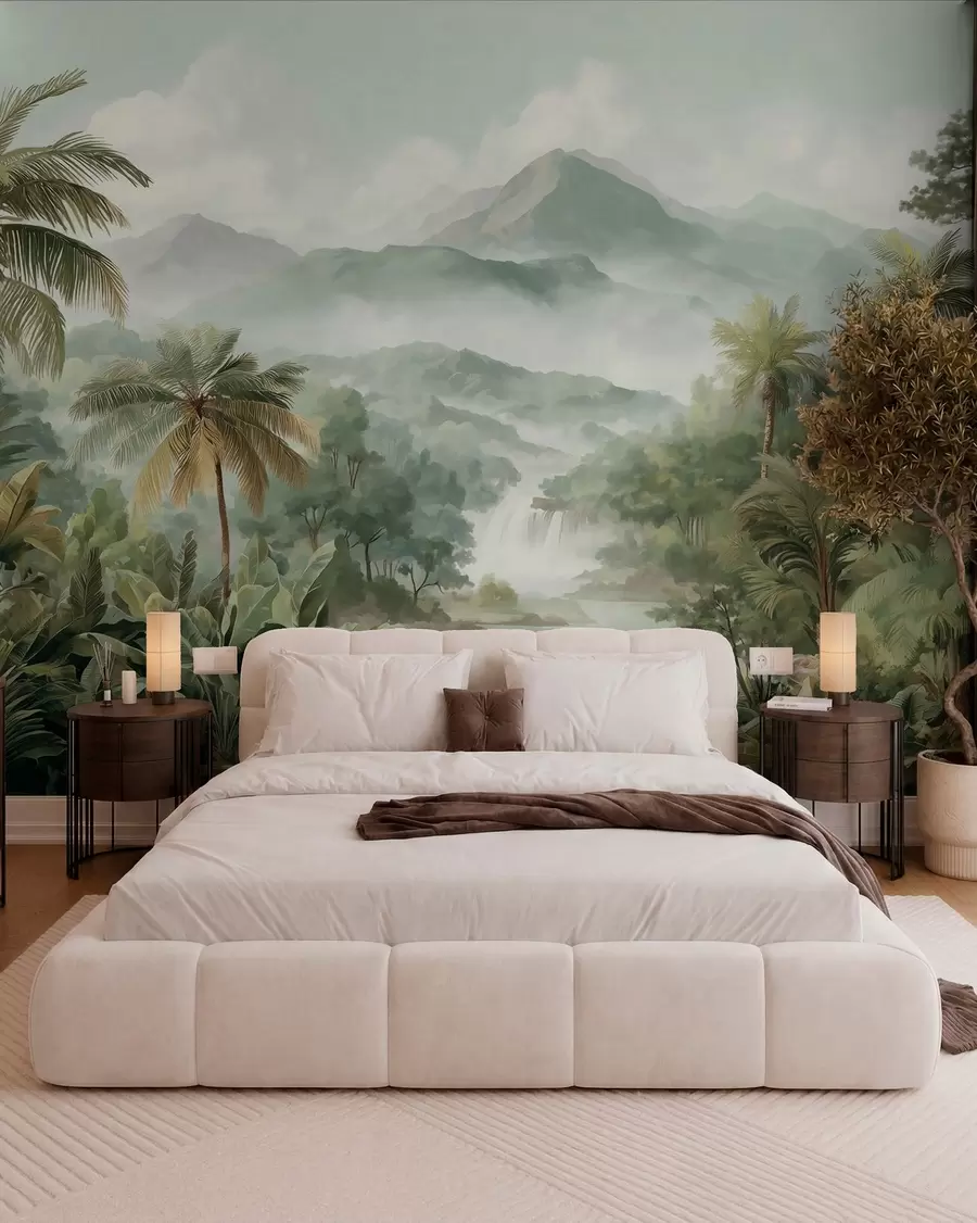 murales de pared selva tropical con cascada w04306