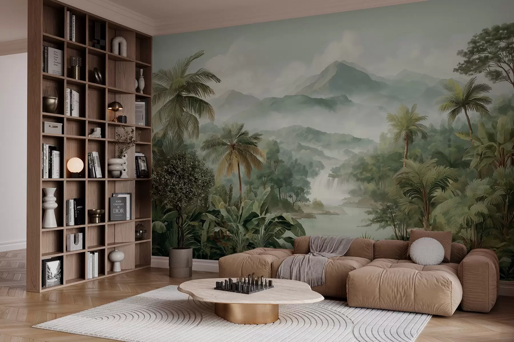 murales de pared selva tropical con cascada w04306