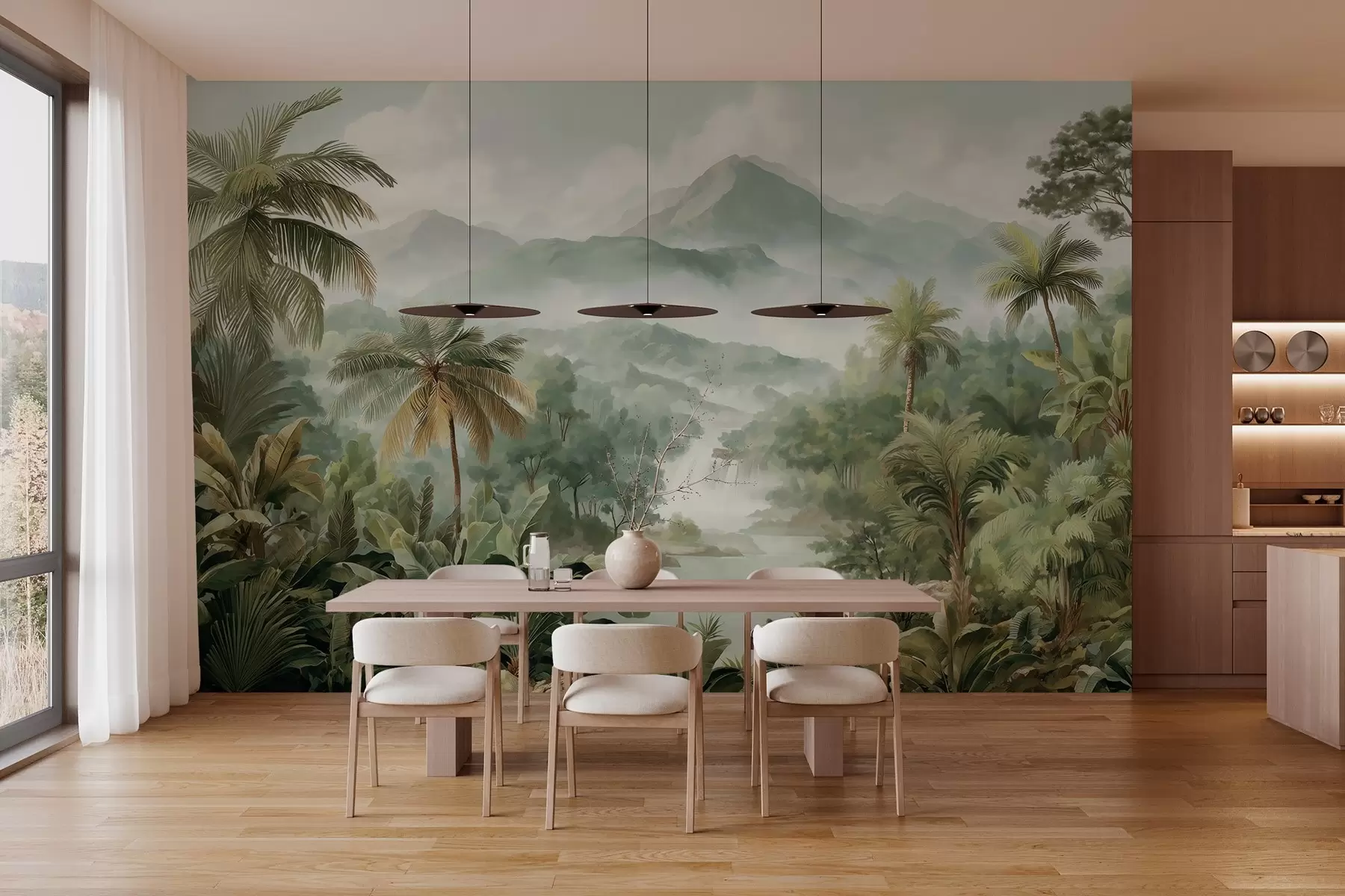 murales de pared selva tropical con cascada w04306