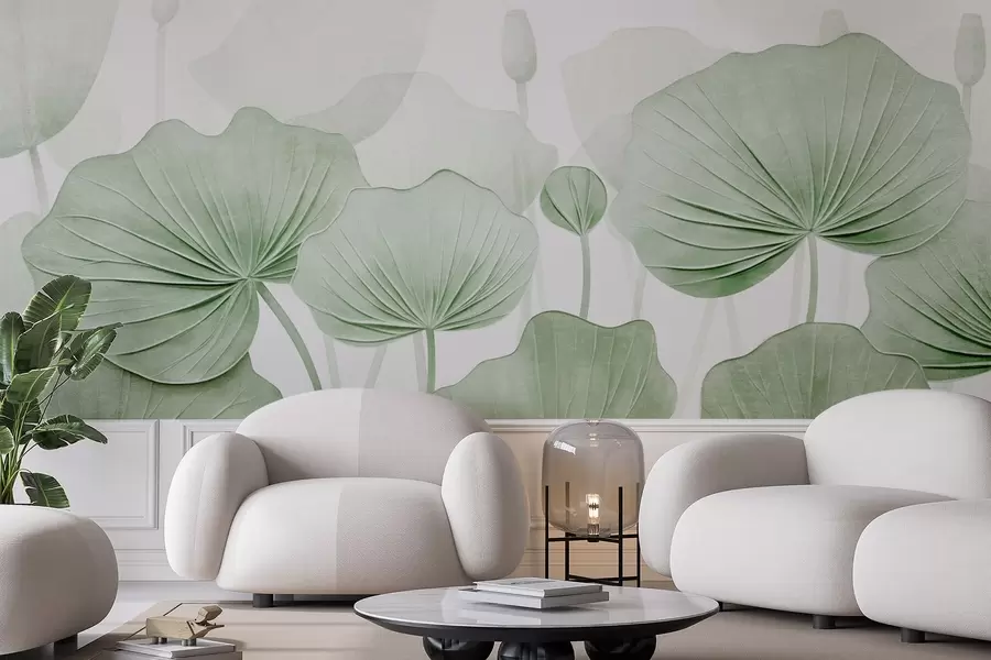 murales de pared Hojas de loto con imitación de textura envejecida w04412