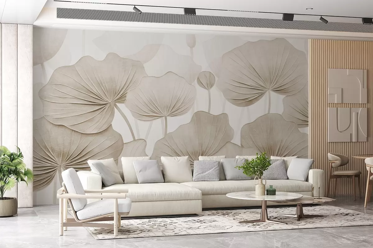 murales de pared Hojas de loto con imitación de textura envejecida w04412v1
